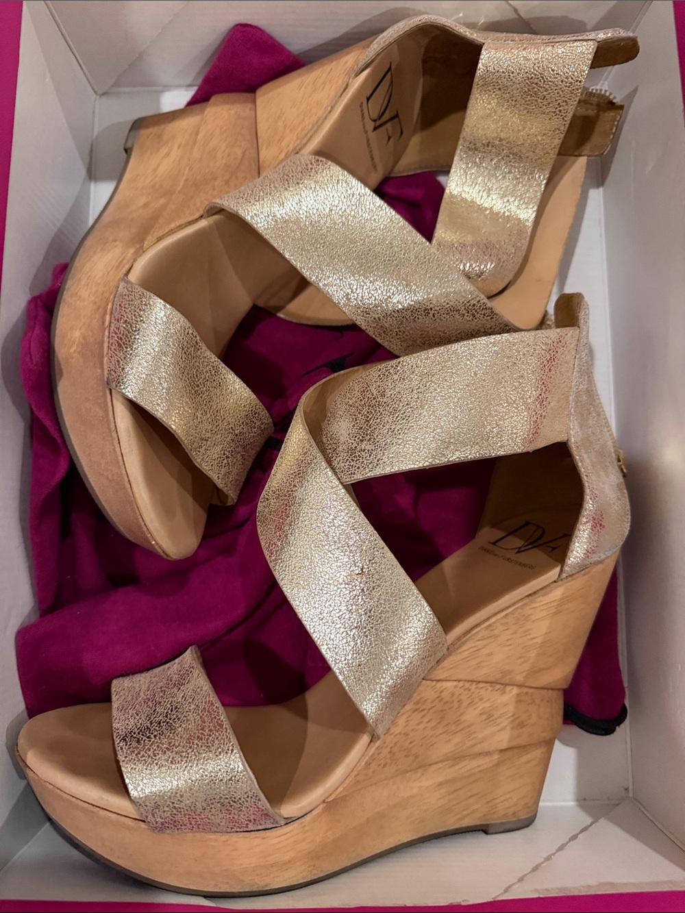 Diane Von Furstenberg Gold Metallic Wood Wedge Sandals